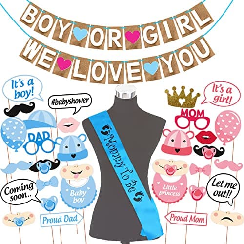 WOBBOX Baby Shower Combo of Party Props 30 Pcs & Jute Style Boy Or Girl We Love You Bunting Banner, with Mommy to be Blue Sash, Baby Shower Decoration Item (Pack of 3)