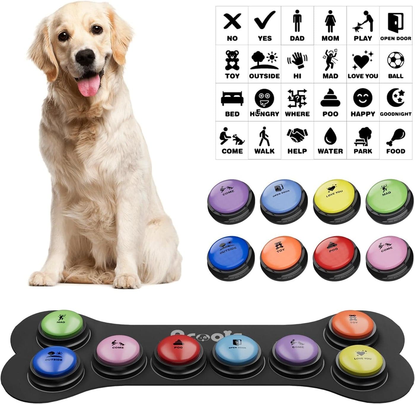 Dog Buttons for Communication, 8 Pcs Dog Talking Button Set, 30s Recordable Voice Pet Buzzer Training Buttons, Speaking Button for Dogs with Waterproof Anti-Slip Dog Button Mat and 24 Scene Stickers