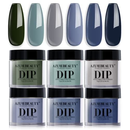 AZUREBEAUTY Dip Powder Nail Set Blue Sage Green Grey Shades 6 Dark Colors Dipping Powder Starter Kit French Nail Art Manicure DIY Salon for Women No Need Nail Lamp Cured