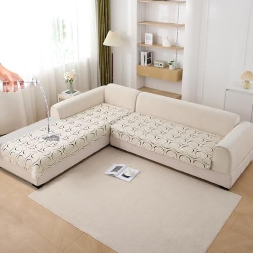 HOKIPO 'Elira Series' Printed Water Repellent + Waterproof Quick Dry L Shape (3+3 Seater) Sofa Seat Cover Mat, Natural Beige Abstract Art (AR-5249-C4*2)