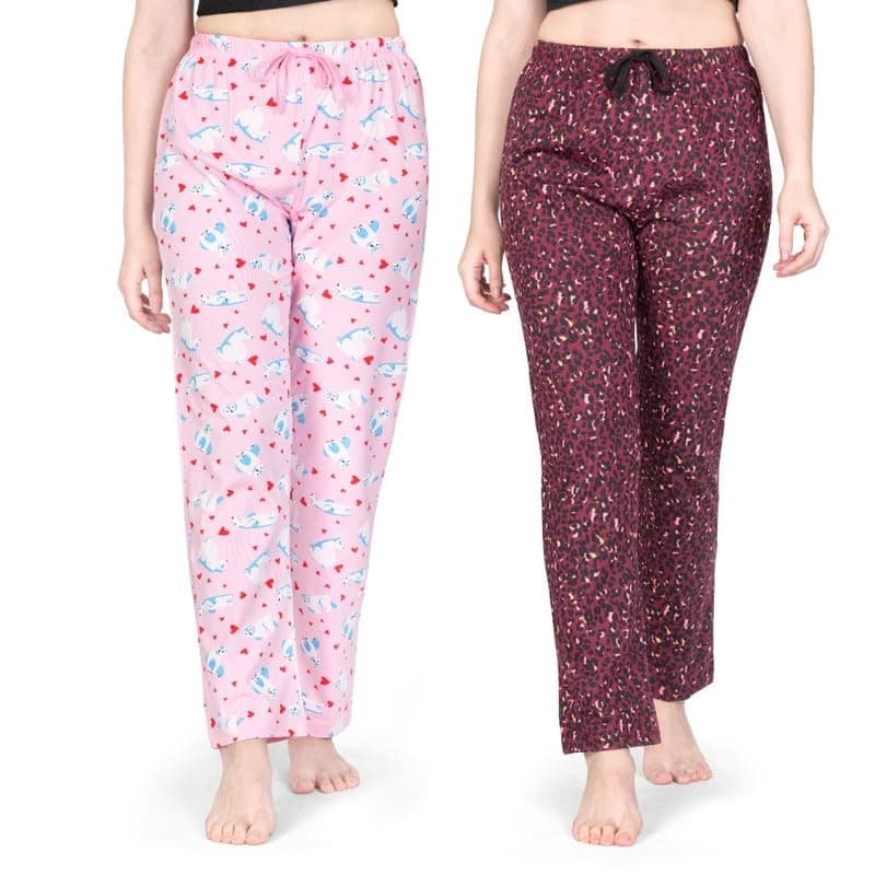 Real Basics Women's Cotton Printed Casual Style Pyjama Pack Of 2(Rb-W-Pj(Ps)-L-P2-Pink Print+Red Print)_Multicolor_L