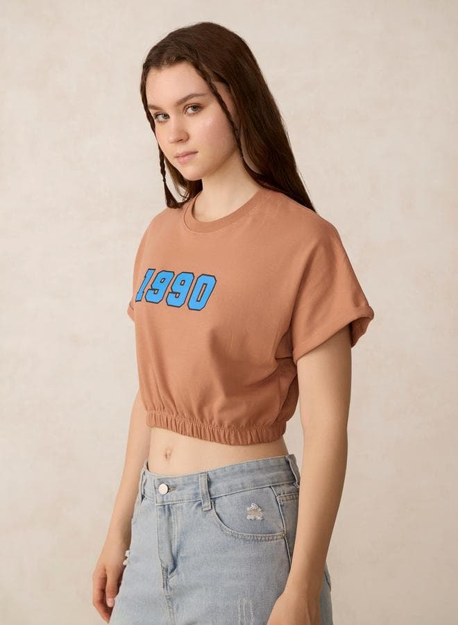 Brown Elasticated Hem Crop T-Shirt