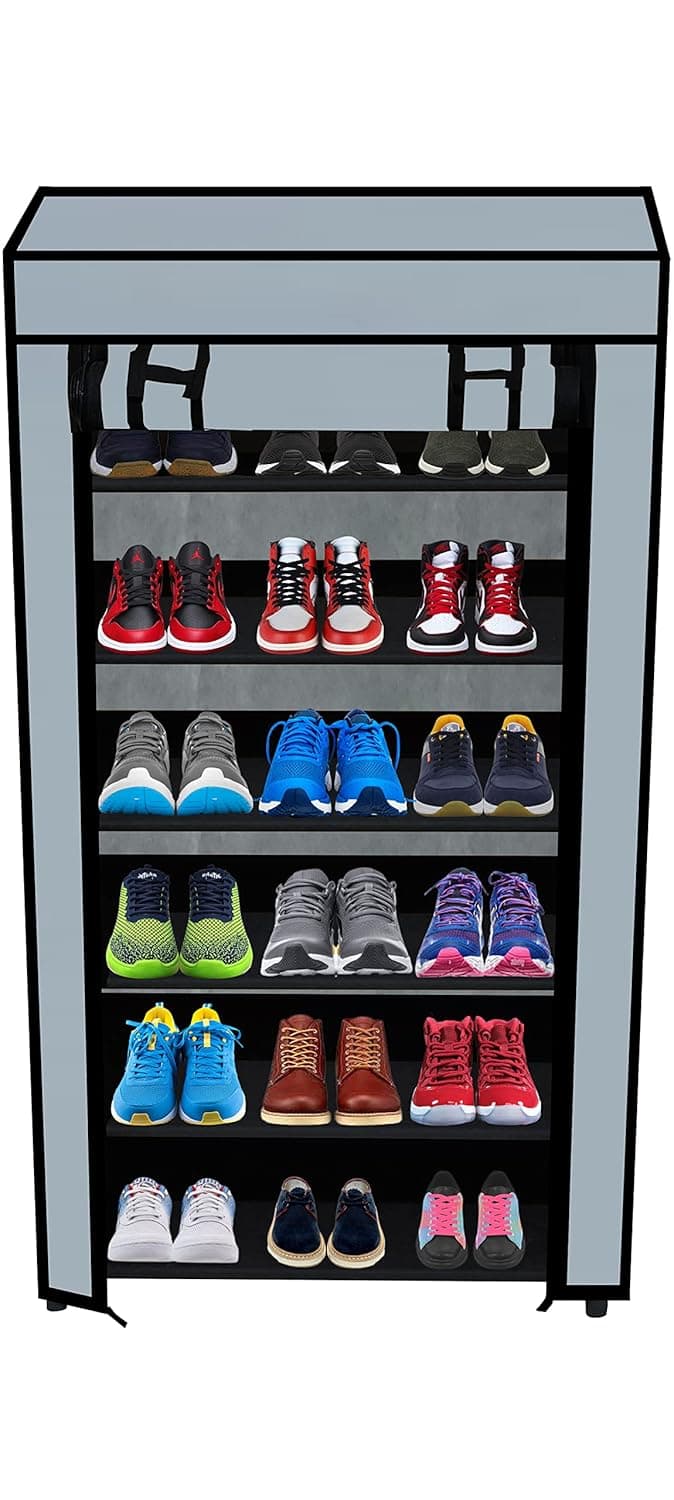 SANAMSTORE Multipurpose 6 Tier Rack ShoeClothesBooks Stand Rack with Cover for Home Need to Be Assemble DIY Grey Metal Cm