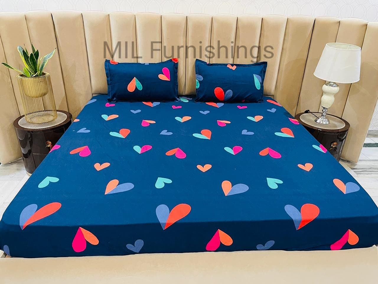MIL Furnishings Premium Cotton Printed King Size Elastic Fitted Bedsheet with 2 Pillow Covers - (Blue)