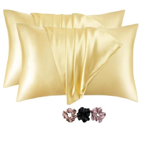 GO WELL Satin Silk Solid Pillow Covers Pack Of 2 For Hair & Skin-With Satin Scrunchies For Women Stylish|Satin Pillow Coer For Hair & Skin|Scrunchies For Women 3-Piece|Silk Pillow Case (Yellow) 600TC