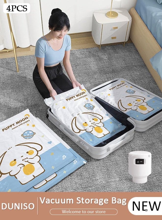 4 PCS Home Vacuum Storage Bag with Electric Pump, Reusable Travel Vacuum Sealer Bags, Compression Airtight Sealer Bags with Seal Special-Grip Clip, Space Saver Compression Bags for Clothes, Mattress, Blanket, Duvets, Pillows, Comforters, Quilt