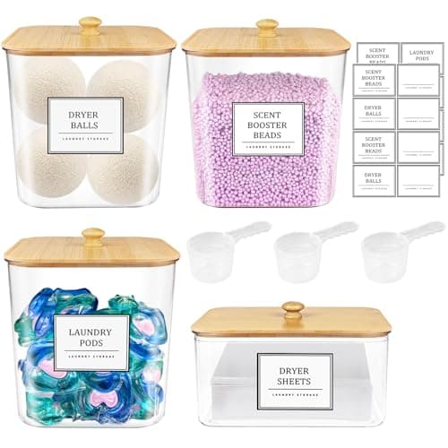 HomePekite Laundry Pods Storage Container, Clear Laundry Room Organization and Storage,Detergent Powder Container,with Wooden Lids & Labels, 3+1 Pack