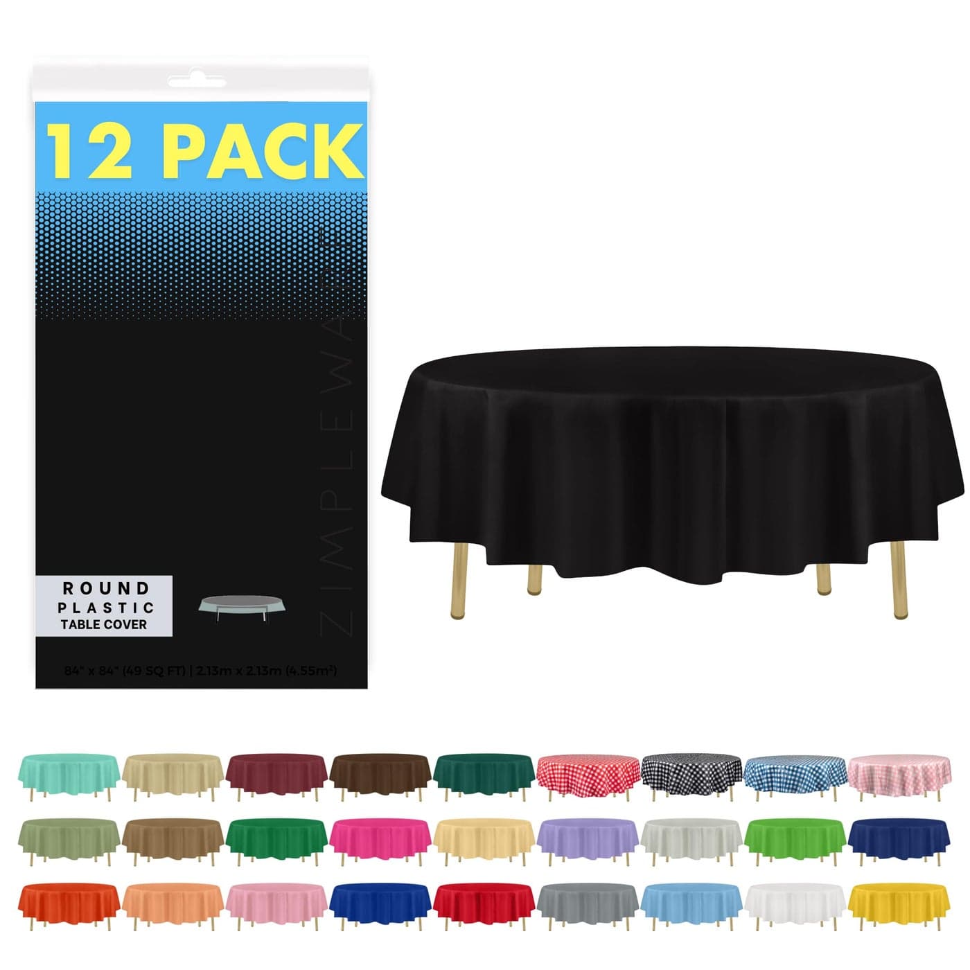 ZIMPLEWARE Premium Black Plastic Table Cloth Disposable 12 Pack Round Tablecloth 84in Party Table Cloths Disposable Perfect Table Cloth Round Cover for Any Table Up to 6 Feet