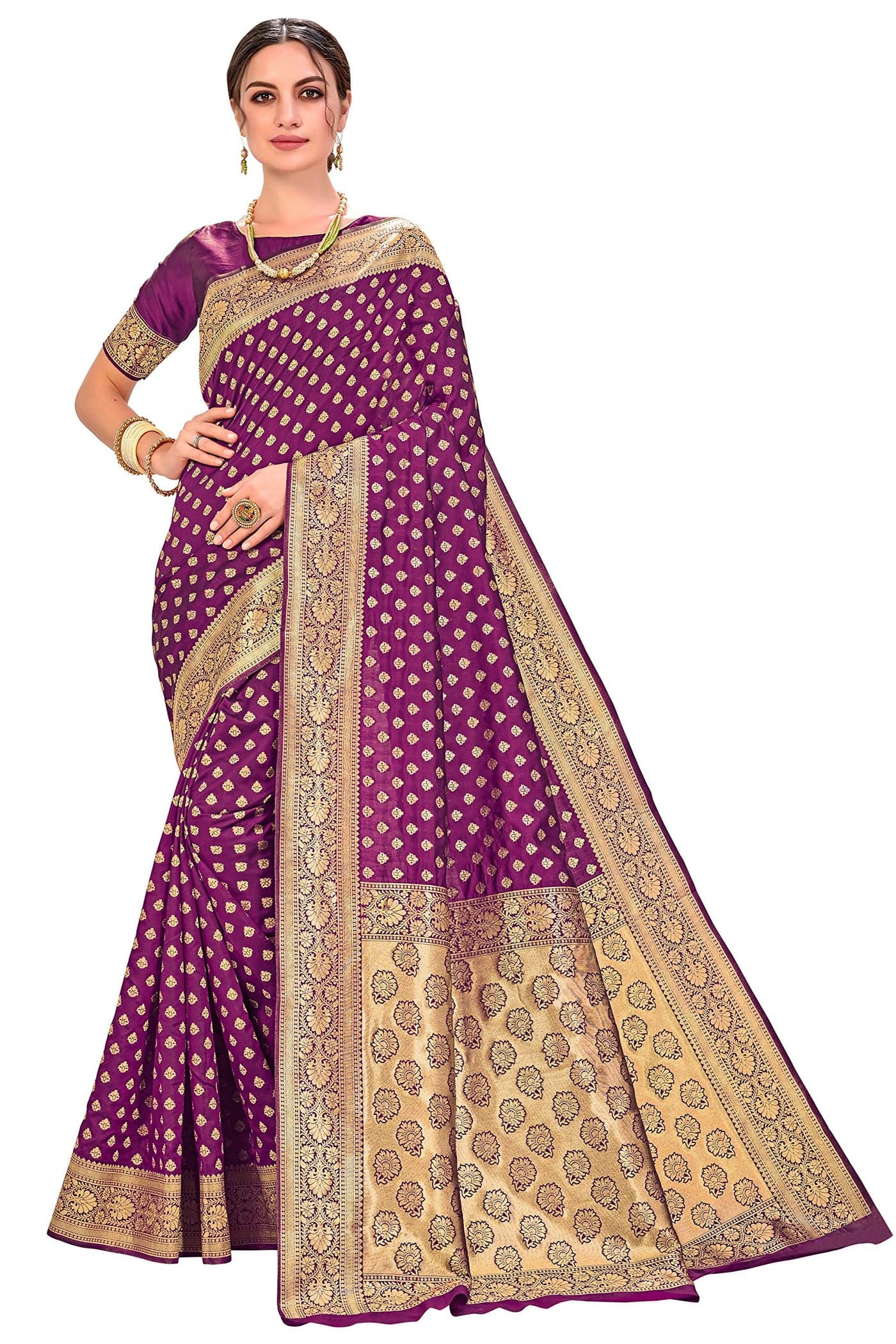 Glory Sarees Women's Woven Pure Soft Kanjivaram Silk Saree Banarasi Style With Blouse Piece for Wedding (kara128_Wine)