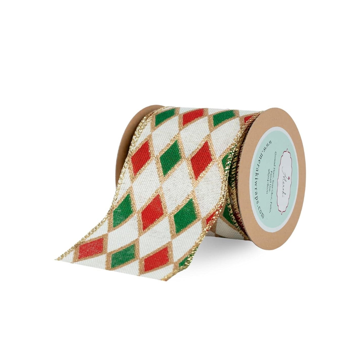 Meraki Cards Harlequin Diamond Ribbon Festive Red Green White with Shimmering Gold Edges Perfect for Gift Wrapping Christmas Tree Dcor Crafting Ideal for Nutcracker Elf Themes 63mm 5 Yards