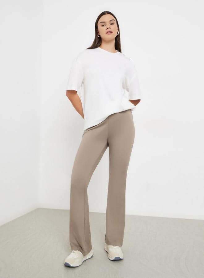 Beige Elastic Waistband Flared Leggings
