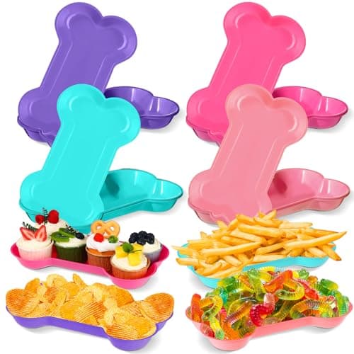 Nitial 60 Pcs Dog Bone Shaped Serving Trays, Plastic Dog Birthday Decorations Colorful Pet Patrol Plates Food Bowls Disposable Tableware Party Supplies(Sweet Color)