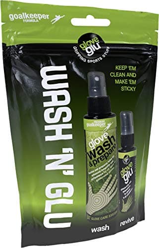 gloveglu Wash 'N' Glu Goalkeeper Glove Spray Bundle. Contains gloveglu 120ml Premium Goalkeeper Glove Wash & Prepare Wash + gloveglu 50ml Original Goalkeeper Grip Spray