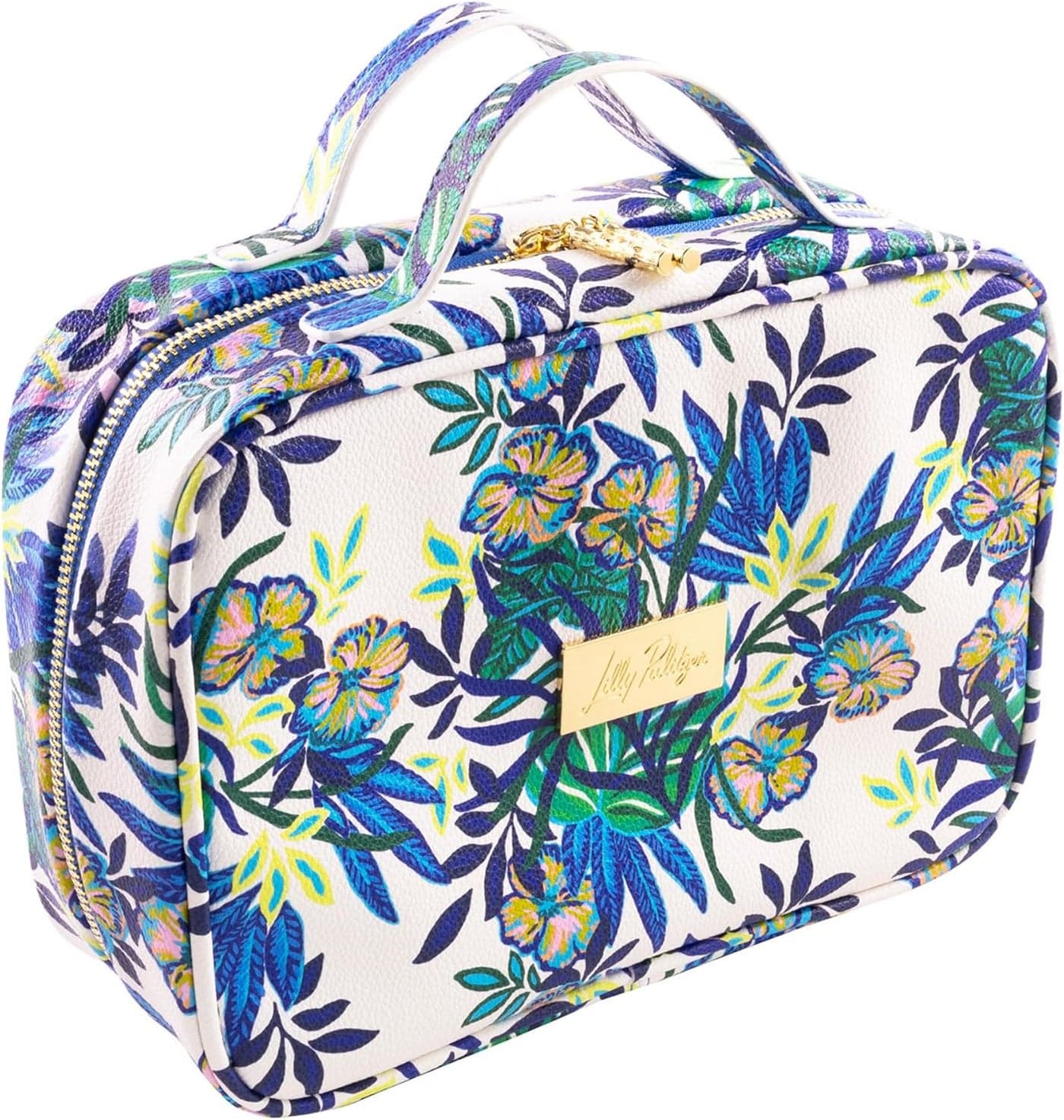 Lilly Pulitzer Cosmetic Case with Two Zippered Pockets, Vinyl Window, and Handles, Easy to Clean Travel Toiletry Bag, Travel Makeup Bag with Gold Details, The Hottest Spot