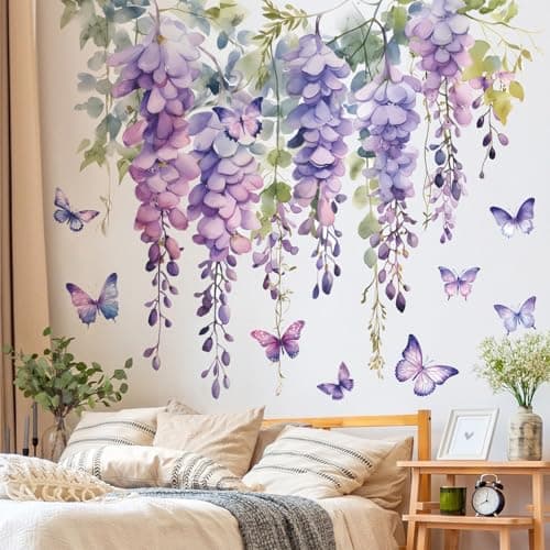 DRWSSR 2 Sheets Hanging Creative Removable DIY Purple Flower and Green Vines Wall Decal Watercolor Butterflies Wall Decal Vinyl Wall Decal Decor for Girls Bedroom Living Room Wall Corner DecorC
