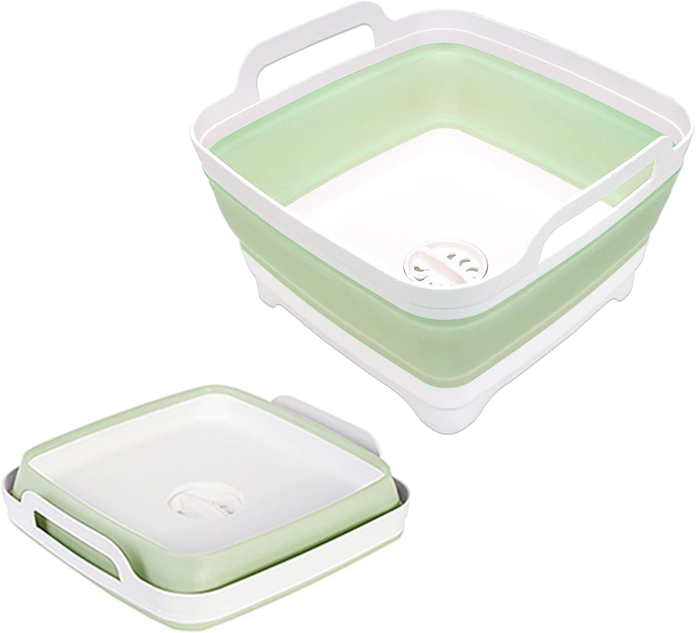 9 L Portable Folding Basin, Telescopic Plastic Basin, Fruit Storage Basket, Kitchen Drain Basket, Vegetable Washing Basin, Laundry Basin with Drain Plug, Camping Dishwashing Basin, Green