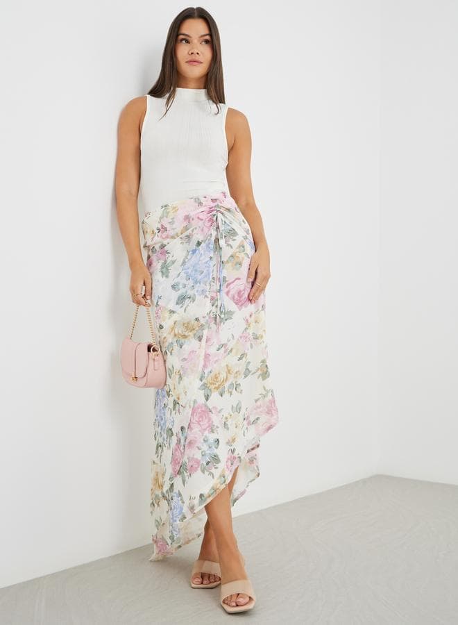 Floral Print Side Ruched Asymmetric Hem Maxi Skirt