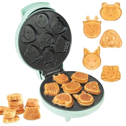 Primalite Animal Waffle Maker Machine for Kids- 700 Watts - Make 7 Fun & Cool Panda, Cat, Dog, Tiger & Reindeer Shaped Waffles or Pancakes | Unique Gift Idea | Electric Non-Stick Iron - Mint Green