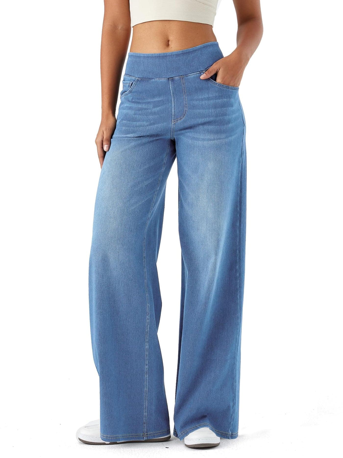 Keolorn Large Denim Wide Leg Pants for Women,High Waisted and Tummy Controlling,Straight Tube,Loose fit,Suitable for Casual Yoga and Fitness High Elasticity Fashion Jeans with Pockets(LightBlueXL)
