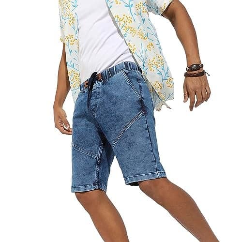 Campus Sutra Men's Blue Contrast Stitch Denim Shorts for Casual Wear | Light-Wash | Regular Fit | Drawstring Closure | Denim Denim Shorts Crafted with Comfort Fit for Everyday Wear (32)