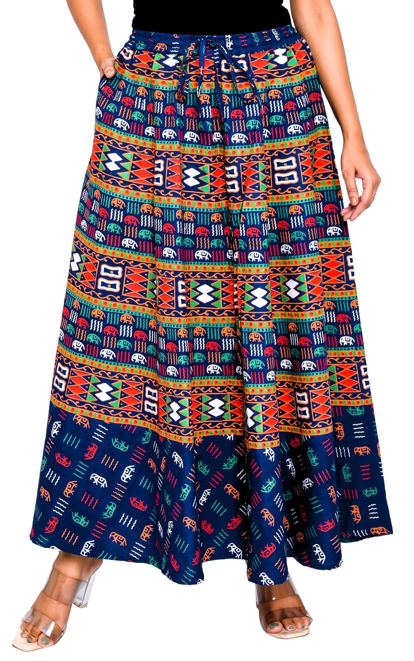 SAMJHI Premium Cotton Skirt for Women with Pocket (Dark Blue, Free Size)