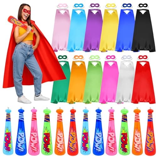 Lunmon 24 Pack Hero Capes with Masks and 17 Inch Pow Inflatable Baseball Bats for Halloween Hero Theme Birthday Party Favors Carnival Prizes Supplies Goodie Stuffers 12color Set