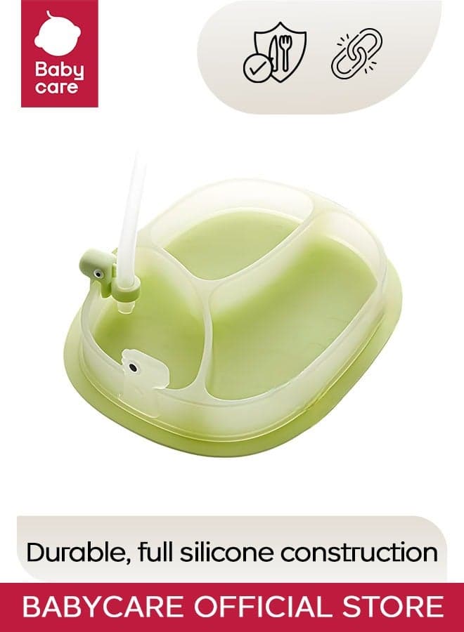 Babycare - Silicone Suction Plate Medium with Straw, Green, BPA-Free, Non-Slip Base, Safe for Babies, Easy to Clean, Non-Toxic, Durable Plate, Leak-Proof Straw, Portable, Ideal for Toddlers and Infants