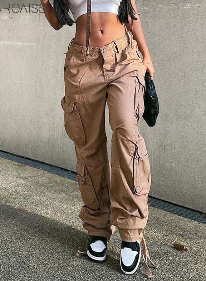 Women's Multi Pocket Work Pants Hip Hop Style Multi Pocket Low Waist Casual Pants (Khaki/XL)