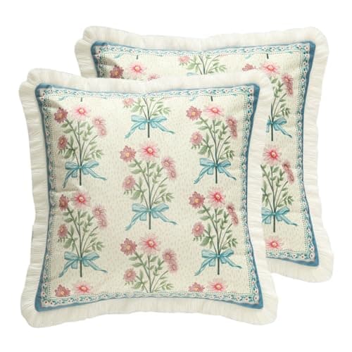 patdrea Designer French Country Velvet Throw Pillow Cover 18x18 inchesElegant Blue Pink Small Floral PatternDecorative Square Pillowcases Cushion for Bed Living Room Outdoor CarPack of 2