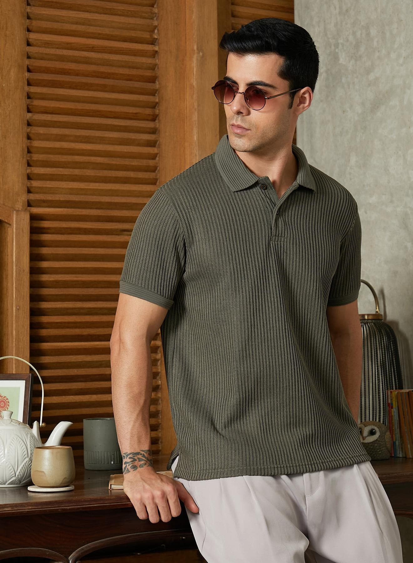 Men's Chalk White & Sage Green Contrast Ribbed Polo T-Shirt