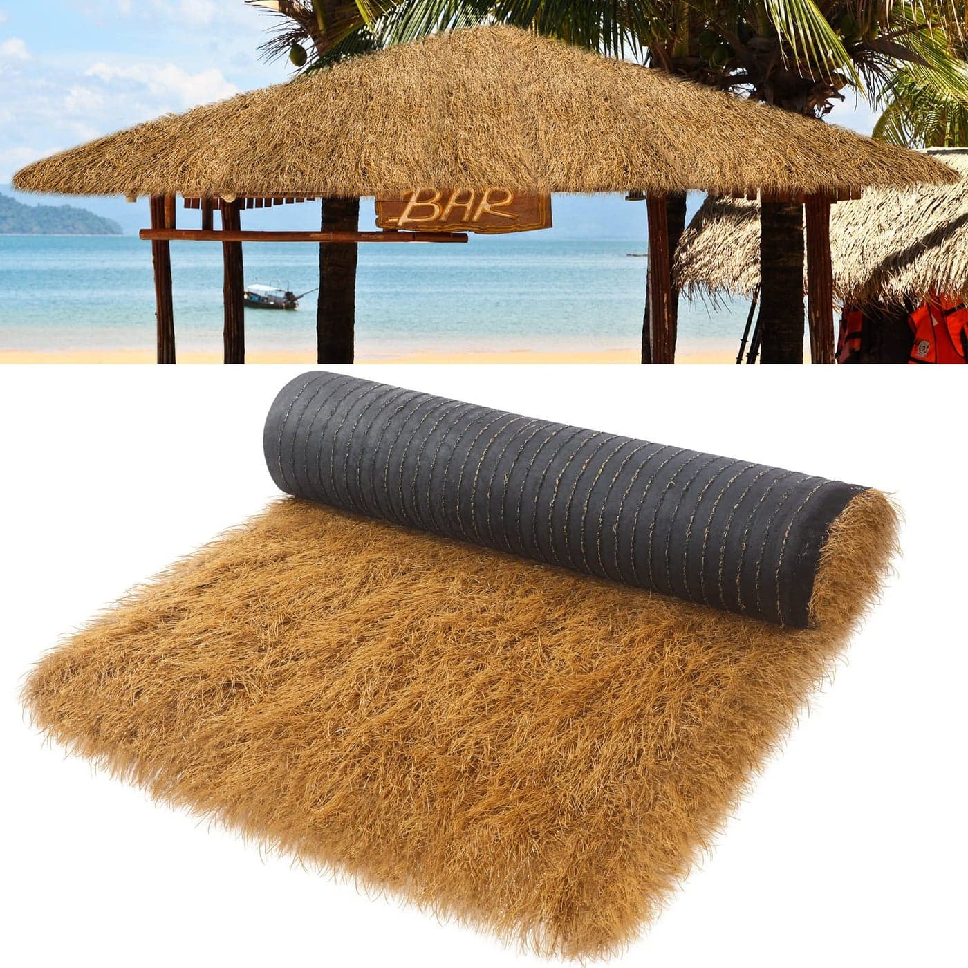 Nuenen Synthetic Thatch Grass Roof Artificial Mexican Straw Roll Fireproof Palapa Thatch Roofing Decorations for Tiki Bar Hut Patio Pool Beach Hawaiian Party and Bar Decor Yellow 197 X 197