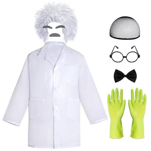 mifengda Mad Scientist Costume Doctor White Lab Coat Halloween Crazy Mad Scientist Physicist Costume Include Lab Coat Wig Glasses Mustache Eyebrows Gloves Bow Tie for Cosplay Pretend PlayMedium