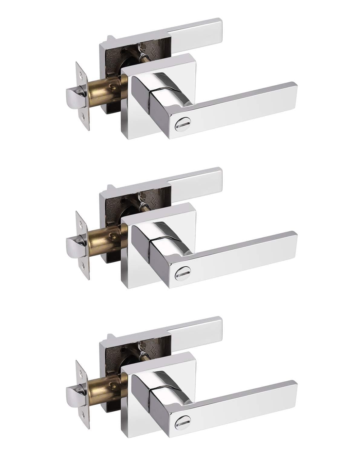 Probrico Privacy Door Levers for Bedroom and Bathroom Keyless Heavy Duty Handles Lockset with a Polished Chrome Finish, Reversible for Right & Left Sides, 3 Pack