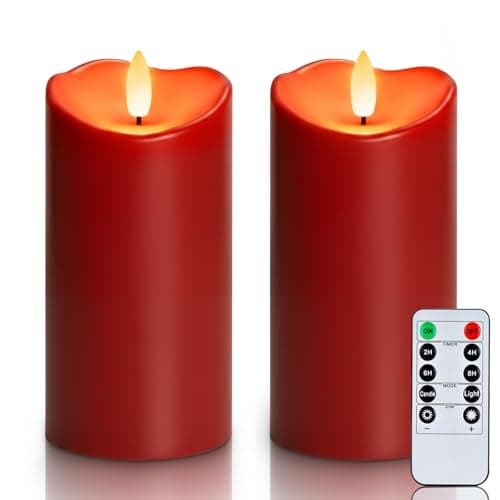 Homemory Burgundy Flameless Candles Waterproof Flickering Candles Outdoor Battery Operated LED Pillar Candles with Remote Timer Electric Fake Plastic Candles Red Christmas Decor 3 x 6