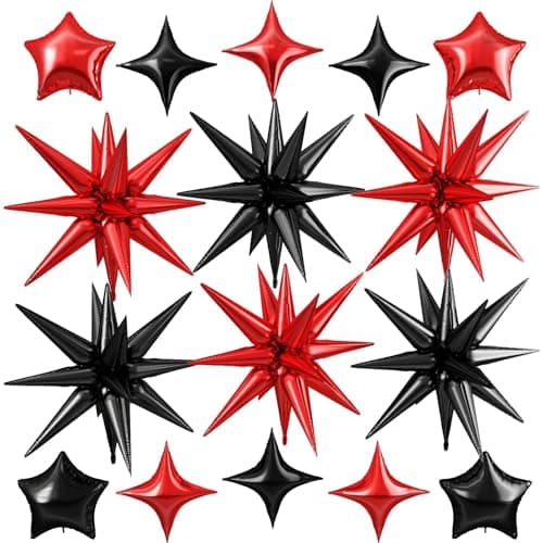 Red Black Star Balloon16Pcs Star Foil Balloons Set with 22Inch Explosion Spike Cone Balloons and 10Inch Quadrangle Helium Balloon for Birthday Wedding Baby Shower and Halloween Party Decorations