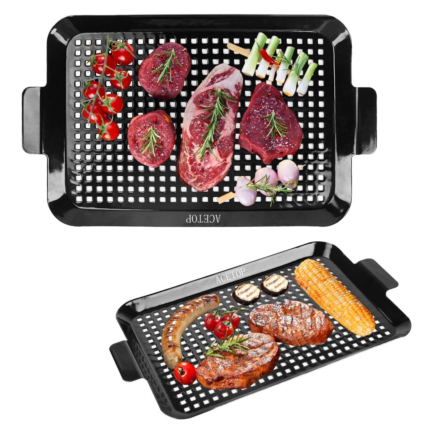 2PCS Grill Topper Pans BBQ ACETOP Nonstick Barbecue Grilling Baskets Outdoor Stainless Steel BBQ Grill Tray with Perforated Bottom for Indoor Camping Chicken Drumsticks Vegetable Shrimp Meat