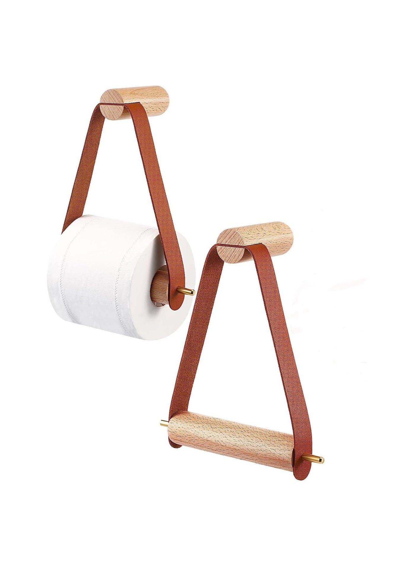 Wood Leather Wall Toilet Paper Holder, Vintage Design Rustic Tissue Rolls Holder with Self Adhesive, Graceful and Natural Bathroom Accessories, 1 Pcs (Brown)