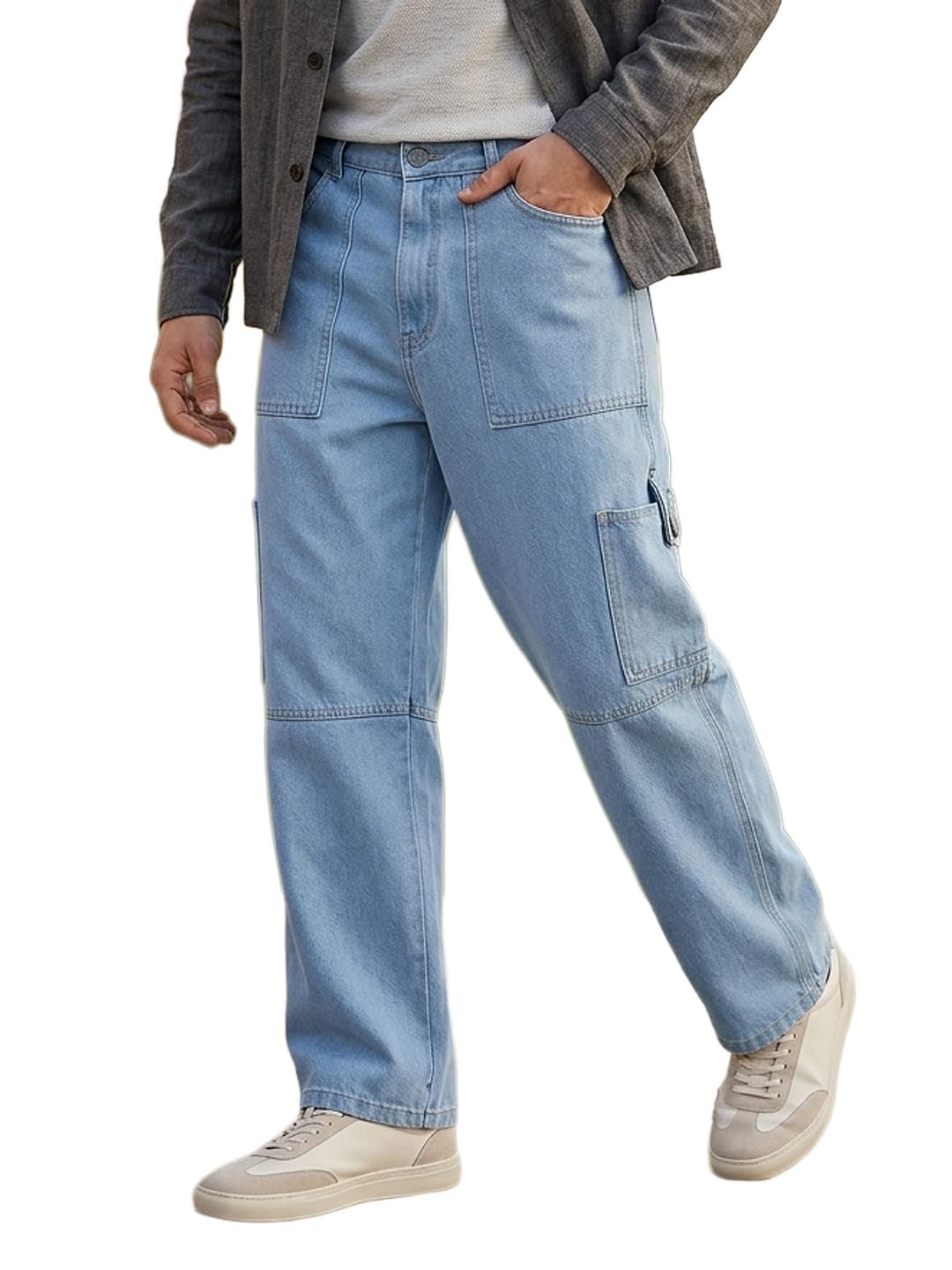 Urbano Fashion Men's Ice Blue Loose Baggy Fit Washed Cargo Jeans with 6 Pockets Non-Stretchable (jeanlscargo-02-iceblue-28)