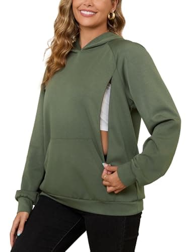 Bhome Nursing Sweatshirt Hoodie for Breastfeeding with Hidden Zippers Maternity Breast Pumping Tops Kangaroo PocketArmy Green L