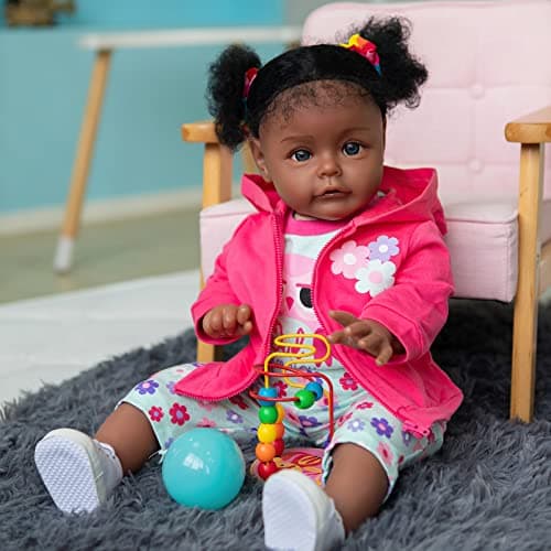 TERABITHIA 24 Inch Huge Size Rooted Curly Hair Lifelike African American Newborn Toddler Girl Dolls with Soft Cloth BodyDark Brown Skin Realistic Reborn Baby Doll Child Birthday Gift Set