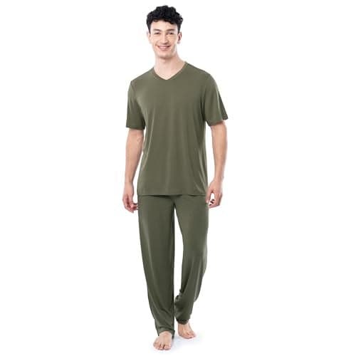 Fruit of the Loom Men's 360 Stretch Short Sleeve V-Neck Top and Pant Sleep Pajama Set, Dusty Olive, Medium