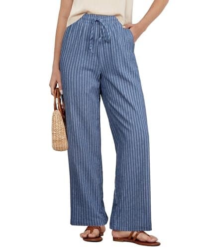 GRAPENT Flowy Pants for Women Boho Vacation Outfits for Women Linen Pants Summer Womens Casual Women's Casual Womans Denim Blue Stripe Size Small US 4 to 6
