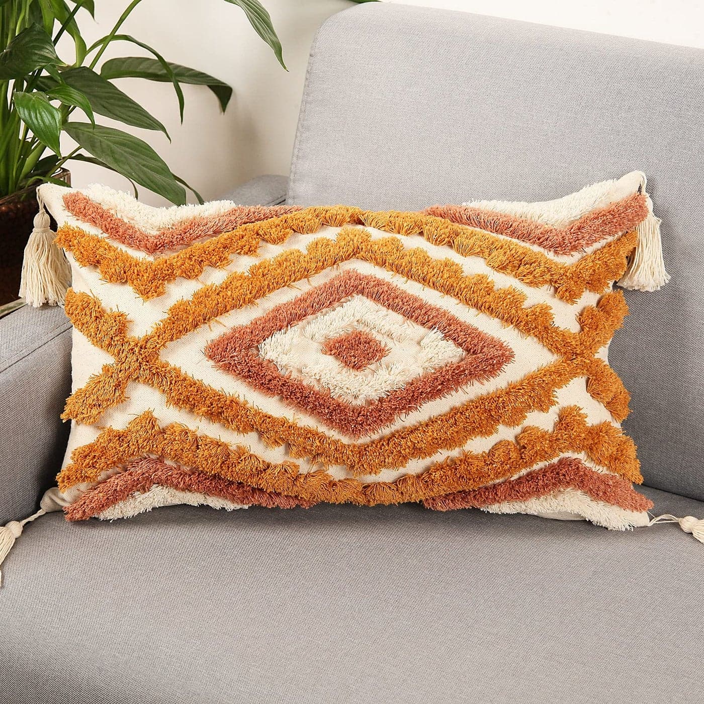Merrycolor Boho Lumbar Throw Pillow Cover 12x20 inchBohemian Tufted Decorative Pillow Covers with Tassels for Couch Sofa Bedroom Living Room