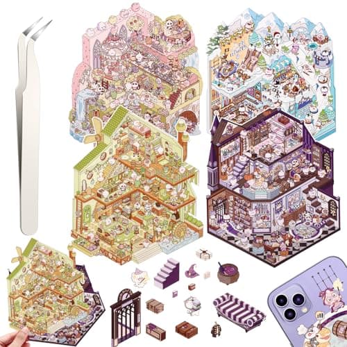 DIY 3D House Stickers 4 Set Fun DIY Stickers Scene Make Your Own Warm Home Supermarket Coffee Shop Music Bar Cute 3D Cartoon Scene Sticker for Adult Kids Relief Stress Pass The Time XMPLUS20