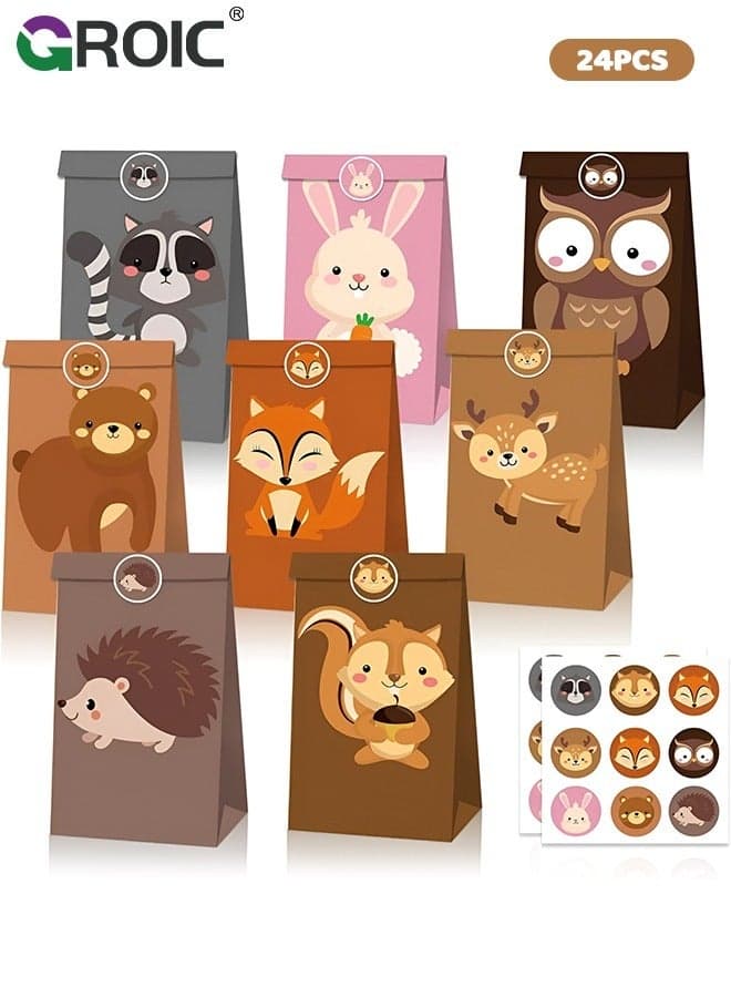 24 Pack Animal Goodie Bags for Kids Paper Bags with Stickers Goodie Candy Treat Bags Kraft Paper Gift Bags for Birthday,Zoo Theme Party Bags,Party Supplies