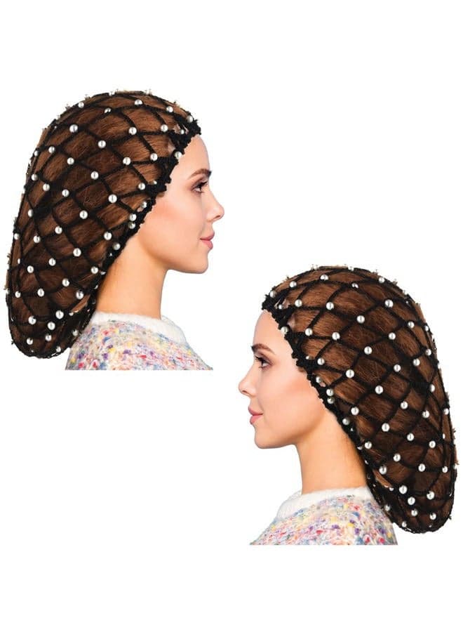 2 Pieces Mesh Crochet Hair Net Rayon Knit Snood with Pearl Crocheted Sleeping Cap Hair Wrap Hair Cover Ornament for Long Short Curls Hair(Black)