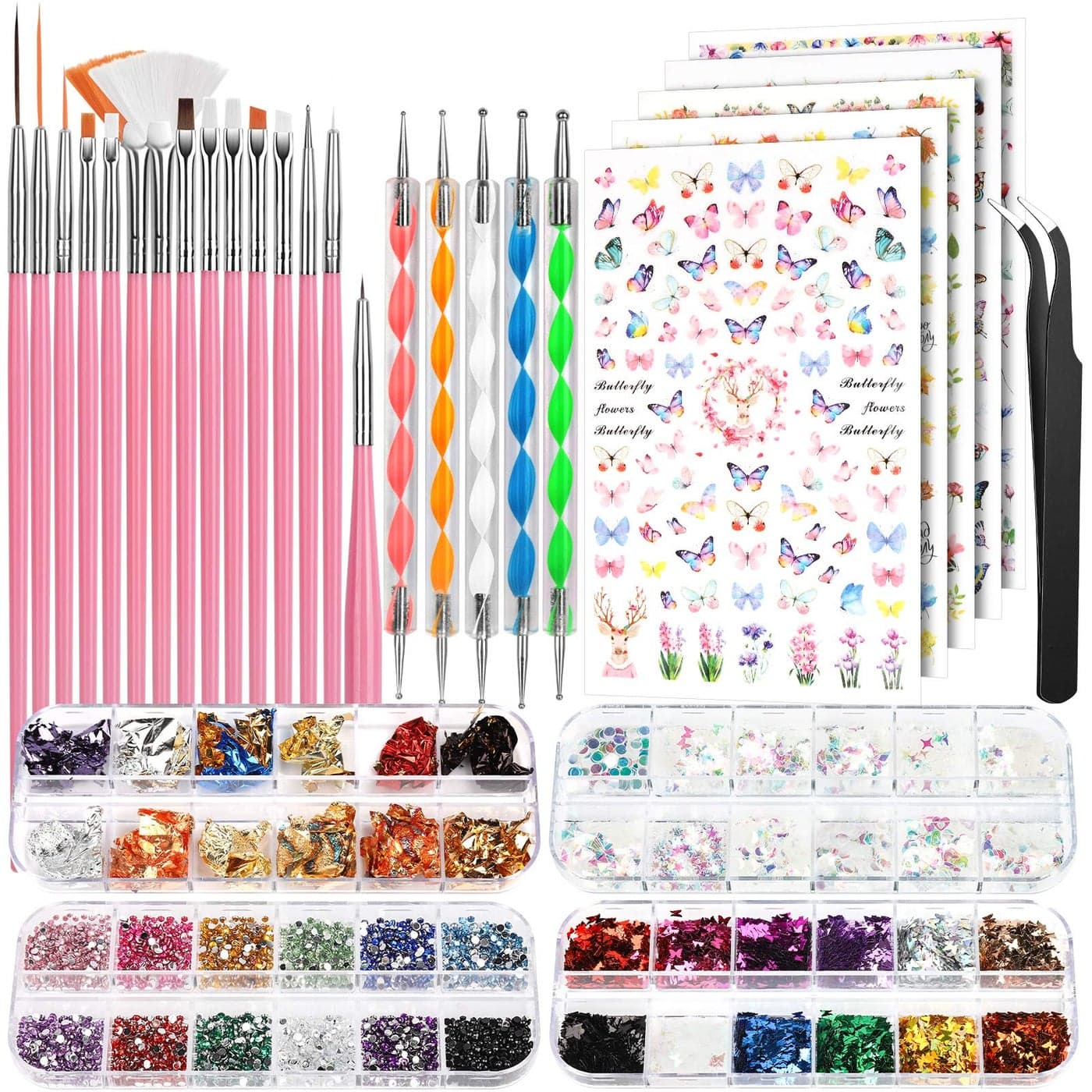 FANDAMEI Nail Art Brushes Set Nail Art Kit Nail Design Kit Nail Art Dotting Pens Nail Stickers Butterfly Nail Art Sequins Nail Foils Nail Art Flakes Iridescent Rhinestones For Nails