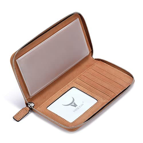 HISCOW Zippered Checkbook Cover Card Holder with Divider Italian Calfskin Aniline Leather Tan