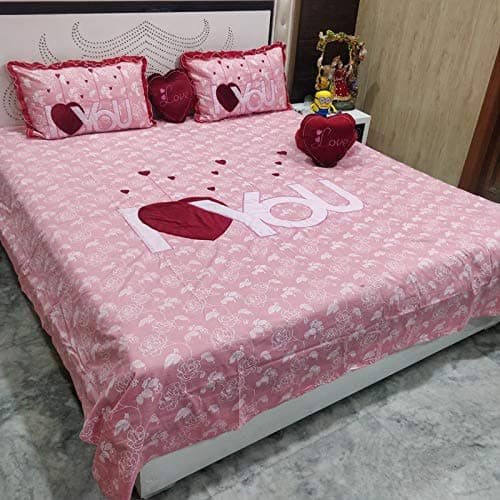 HomeStore-YEP Pure Cotton I Love You Patch Abstract Luxury Designer Double Bedsheet with Two Pillow Covers and Two Heart Cushions (Maroon) -5 Pieces, 500 TC