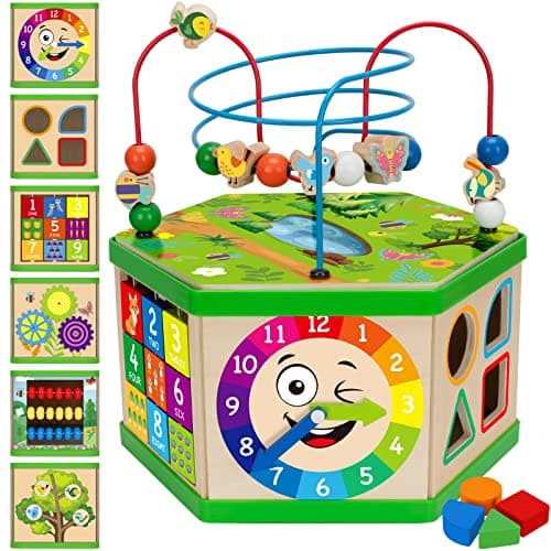 Wooden Activity Cube for 1 Year old 1218 Month Boys Girls 7in1 STEM Montessori Early Developmental Learning Toys for Kids Aged 12 Ideal 1st Birthday Gift Toys for Baby Toddlers Green